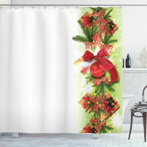 Ambesonne Christmas Shower Curtain, Ribbons and Baubles, 69"Wx75"L, Apple Green Fern Green