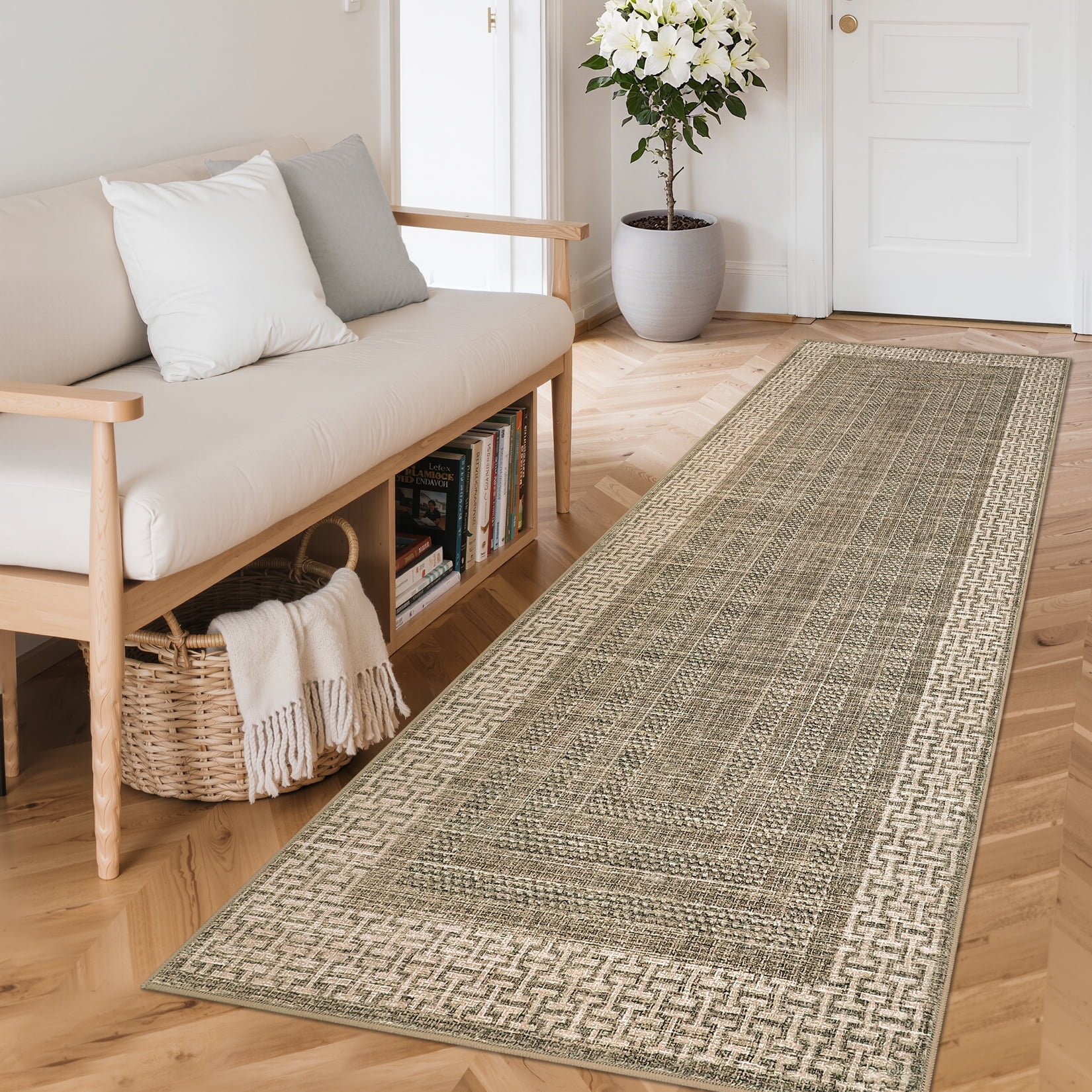 Garvee 2'x6' Geometric Bordered Runner Rug Contemporary Indoor Carpet, Washable Rug Non Slip Low Pile Rug for Hallway Bedroom Kitchen, Brown