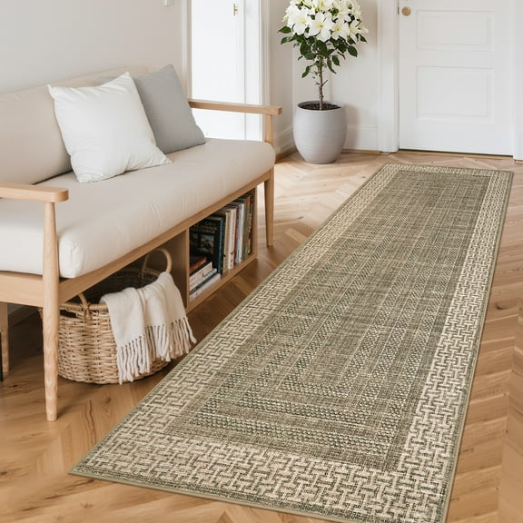 Hasoo Bordered Geometric Runner Washable 2' x 6' Throw Rug for Hallway Kitchen Enterway Indoor Brown Carpet