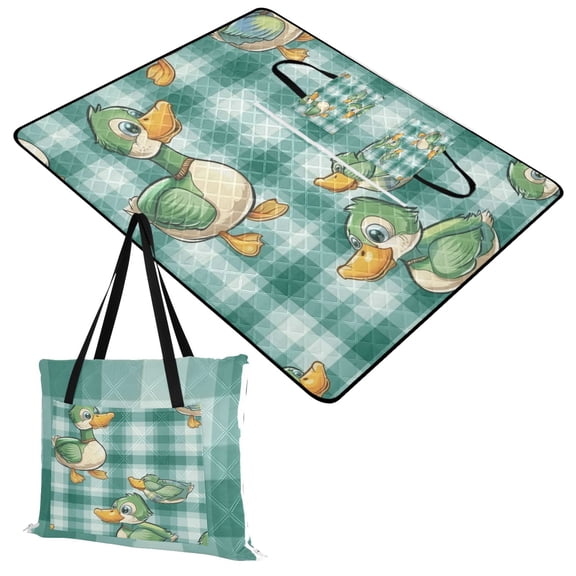 Extra Large Picnic Beach Blanket Waterproof Sand Proof Portable Outdoor Mat Cute Ducks on Plaid 60x80
