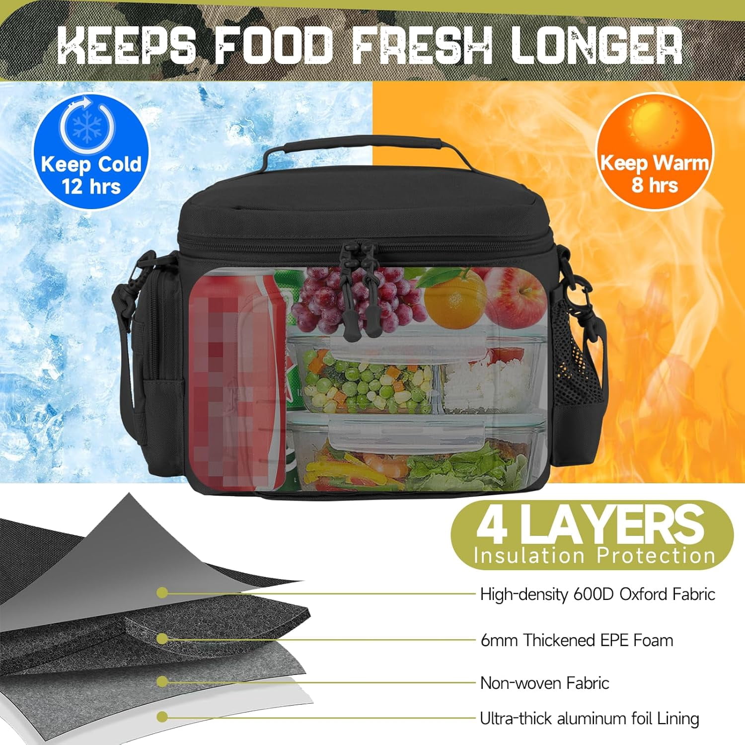 favastee Tactical Lunch Bag for mens Military heavy duty lunch box work Leakproof insulated Durable Thermal Cooler Bag for Adult Meal for Office Camping Picnic Pail MOLLE Webbing
