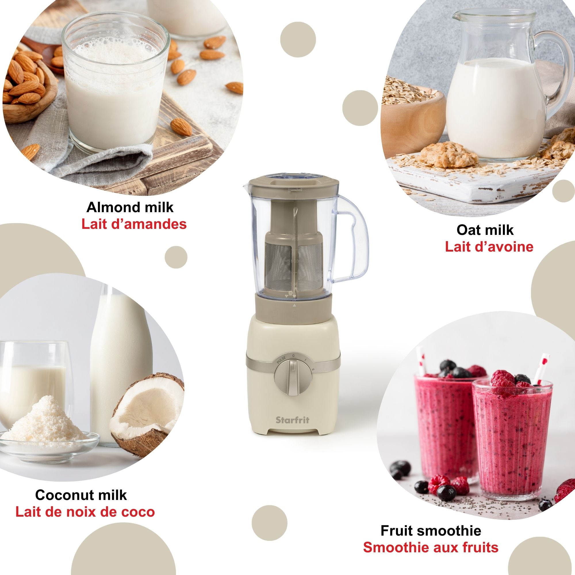 Starfrit Mélangeur de lait de noix et smoothie – Capacité de 828 ml – Lame en acier inoxydable – Filtre amovible – Capuchon de mesure – 300 Watts Mélangeur à lait de noix blender