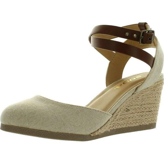 Soda Womens Request Closed Toe Espadrille Wedge Sandal in Natural Tan Linen