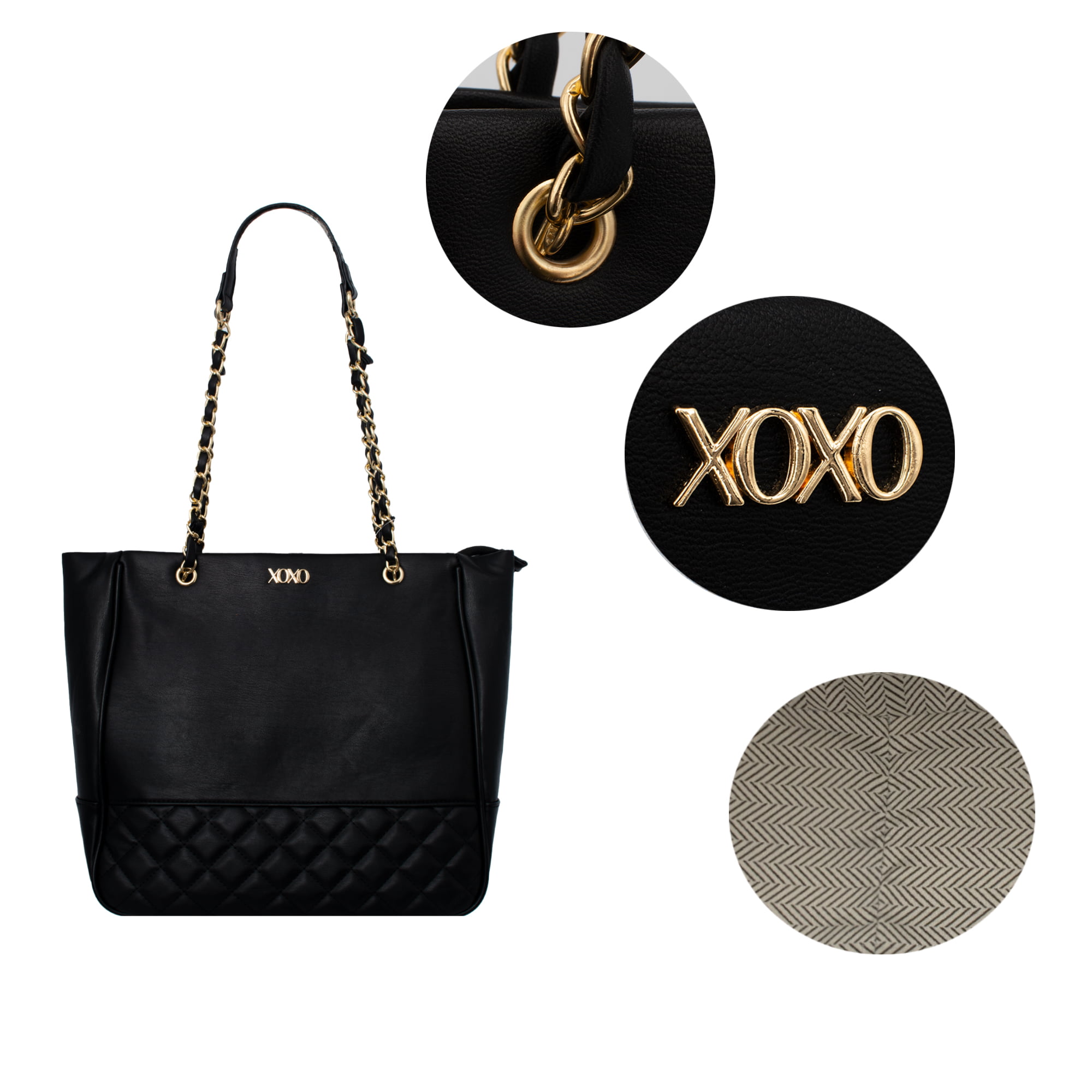 XOXO Women's Black Vegan Leather Quilted Tote Bag With Chain Handle 
