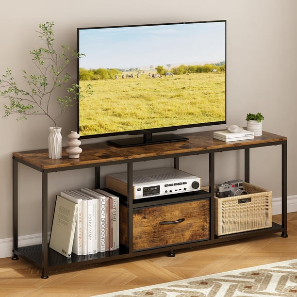GILLAS Mueble para TV con Cajones, Centro de Entretenimiento Minimalista Moderno con Estantes, Mesa para TV Grande de 118 CM,Soporte de Almacenamiento Abierto para Sala de Estar o Recámara