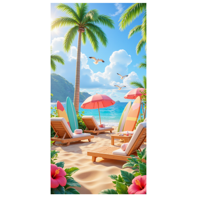 Tropical Design Beach Vacation Surfboard Seascape Flowers Palm Trees for Summer Event Outdoor Lounge Tropical Party