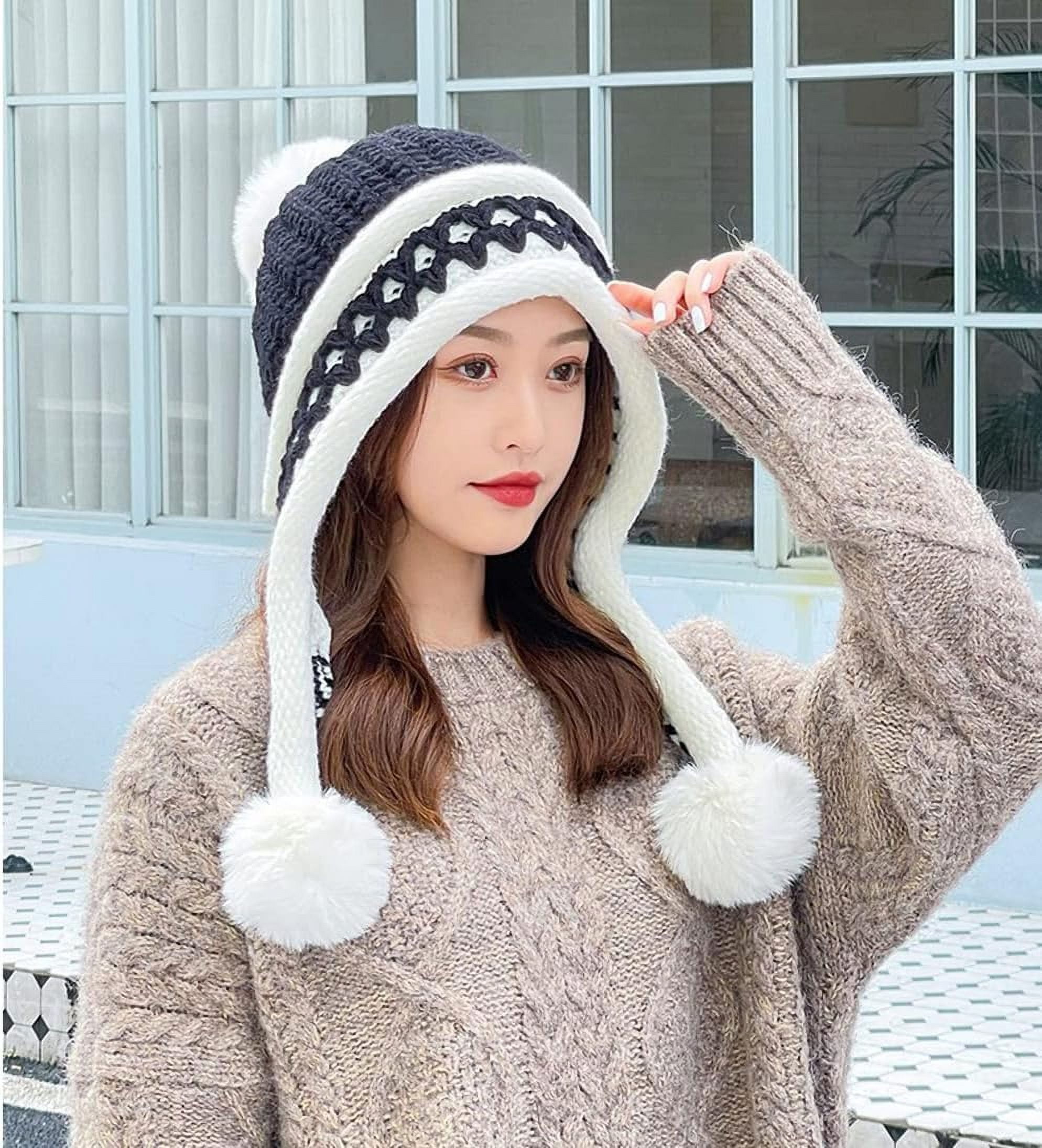 YooGuoGuo Women Winter Beanie Hat Earflap Peruvian Warm Slouchy Fleece Lined 3 Pom Poms Knit Sherpa Fluffy Soft Ski Hats