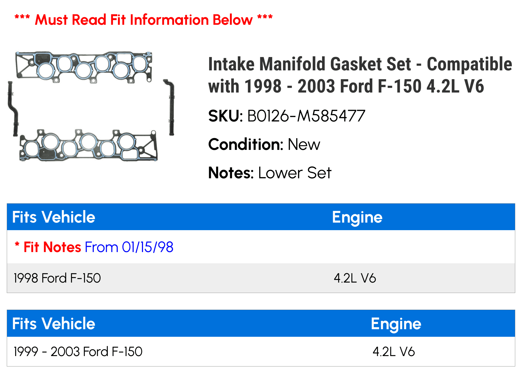 Intake Manifold Gasket Set - Compatible with 1998 - 2003 Ford F-150 4.2L V6 1999 2000 2001 2002
