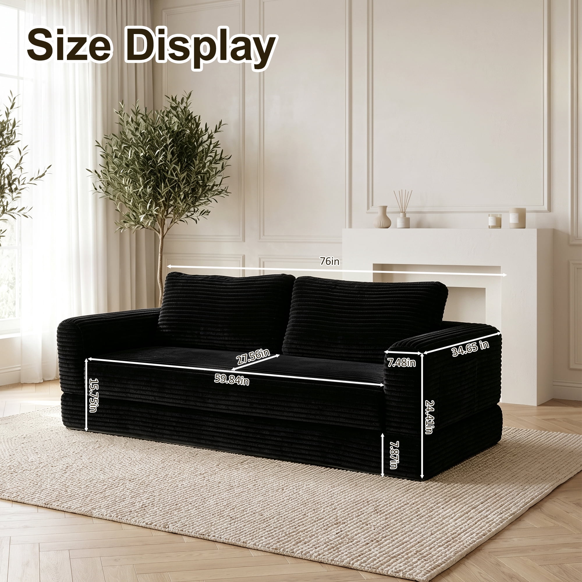 76" Convertible Futon Sofa Bed,Folding Boneless Floor Couch with Deep Seat,Cloud Corduroy Fold Out Sleeper Sofa with Memory Foam Cushion for Living Room,Bedroom,Black