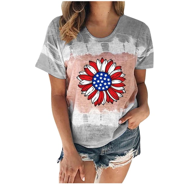 Tops Cortos para las Mujeres Día de la Independencia Corbata Impresa Manga Corta Cuello de la Tripulación, Tops de Corbata para las Mujeres