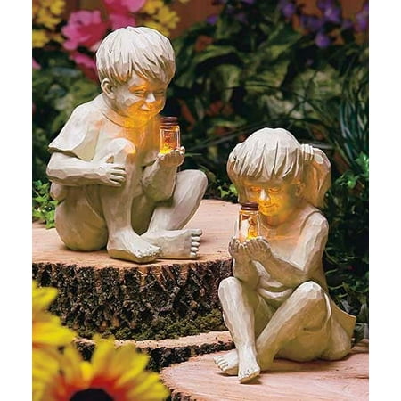 Garden Children Solar Lighted Firefly Jar Boy Girl Statue Whimsical Flowerbed Yard Outdoor Sculpture Decor