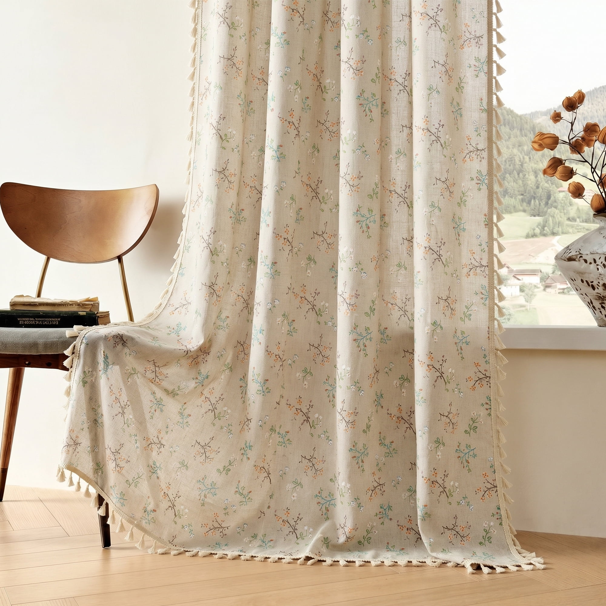 Seasonwood Floral Curtain,Semi-Blackout Linen Curtain for Living Room, 108 Inch Farmhouse Curtain,1 Panel,Beige,52" x 108"