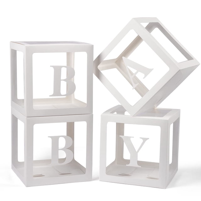 Voircoloria Cajas para bebés con letras, 4 globos transparentes para revelar el género, decoraciones para cumpleaños, bodas, baby shower (blanco)