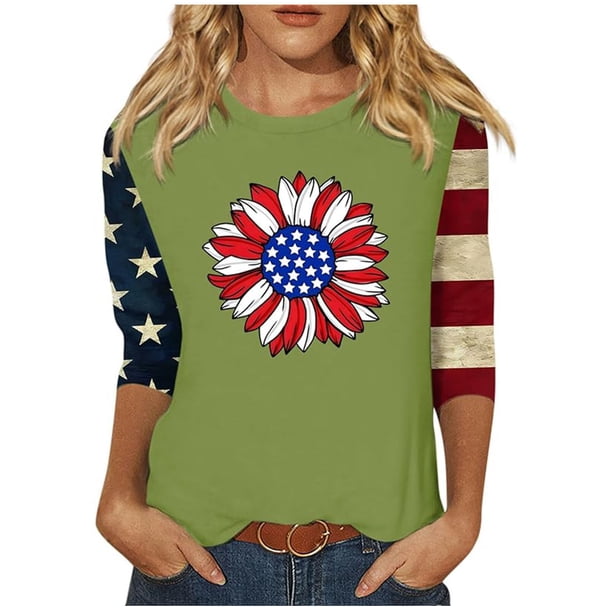 Camisetas de Manga Corta para las Mujeres Día de la Independencia Patriótica Impresa 3/4 Manga Cuello Redondo, Camiseta Casual para Diarios Y Festivales