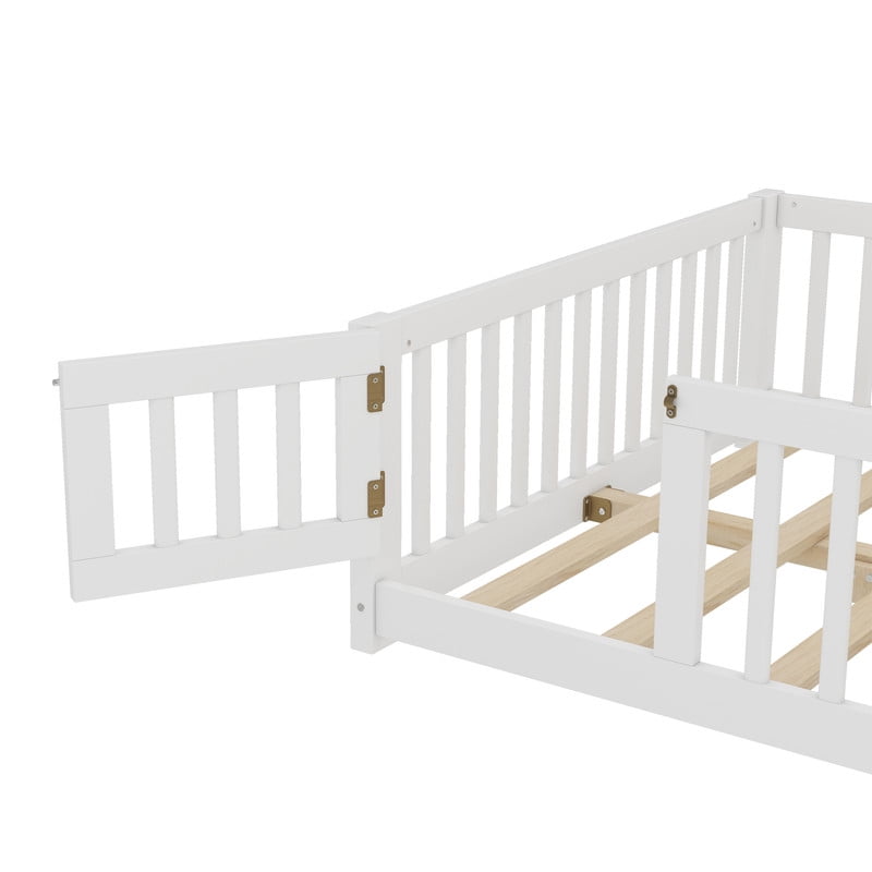 Montessori Bed with Rails, Full Size Floor Bed with Door & Slats Support, Wood Playhouse Bed with Fence, No Box Spring Needed,White