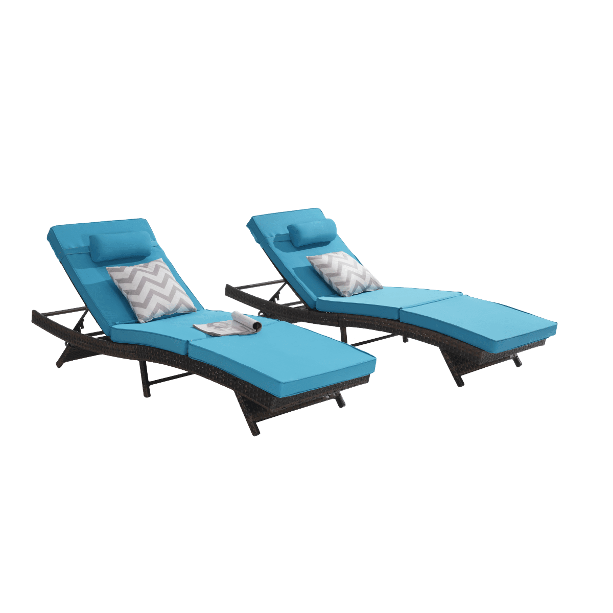 Outdoor Wicker Reclining Lounge Chair Set of 2, Adjustable 5-Position Backrest up to 150 ° , Sunbathing Chairs with Thick Cushions for Beach Poolside Garden, Blue