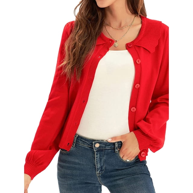 Diconna Women's Long Sleeve Button Cardigan Sweater Lapel Cable Knit Short Sweater Jacket