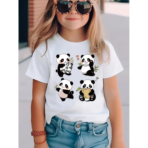 SCKMEU - Camiseta con estampado gráfico de panda, cuello redondo de algodón, punto informal con elasticidad media, estampado de dibujos animados, corte regular para primavera/verano/otoño