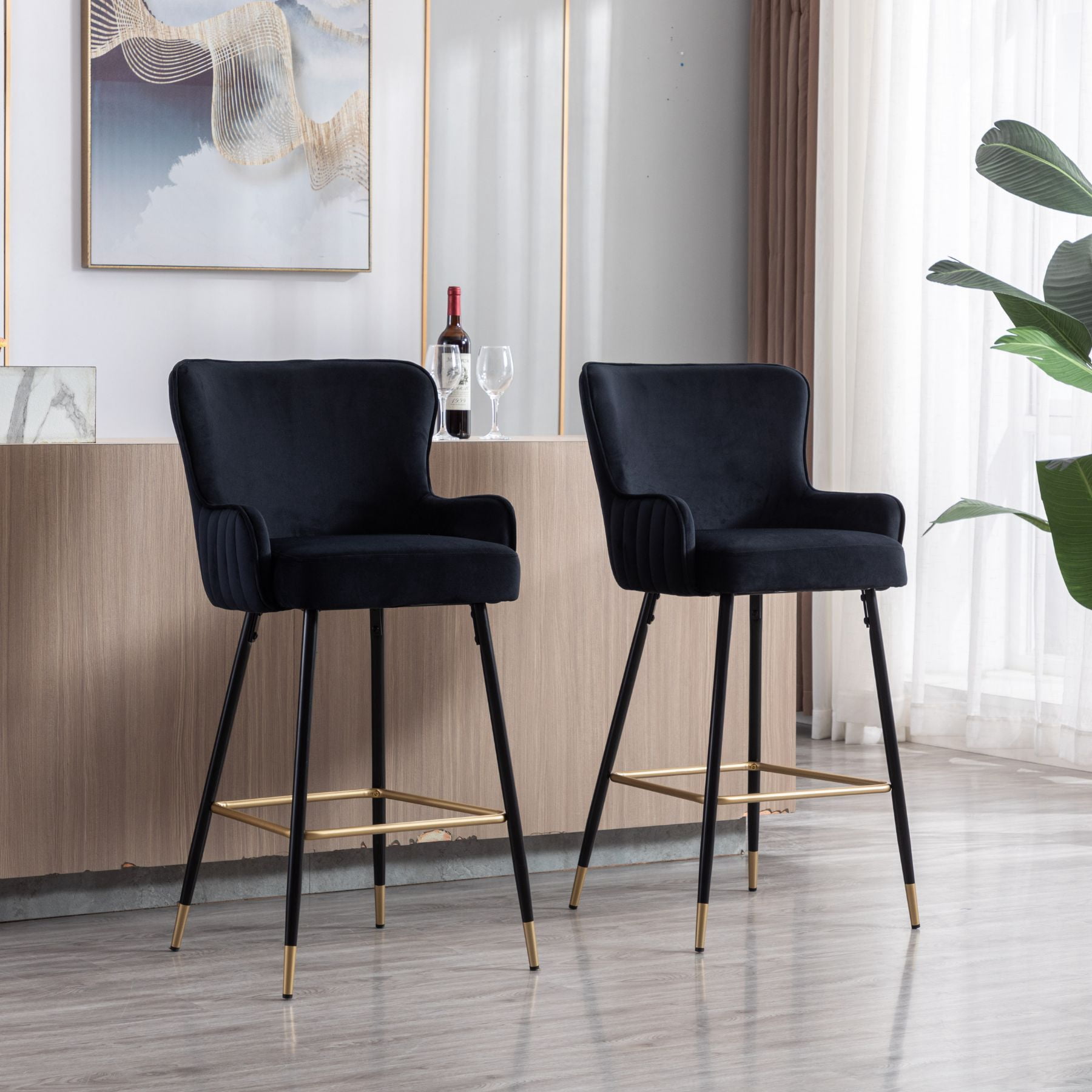 Dayalane 30" Velvet Bar Stools Set of 2, Modern Wingback Counter Height Stools with Gold Footrest for Kitchen Island, Dining Room, Home Bar, Black