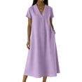 thumbnail image 3 of Laqbezok Women's Casual V-Neck Long Dress, Short Sleeve Solid Color Loose A-Line Gown, Soft Breathable Summer Dress with Side Pockets, 3 of 8