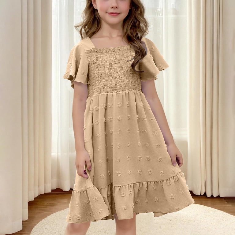 Spazoro Toddler Girls A-Line Dress, Solid Color Casual Short Sleeve Round  Neck Princess Dresses for Child Girls Khaki Size 6 T - Walmart.com