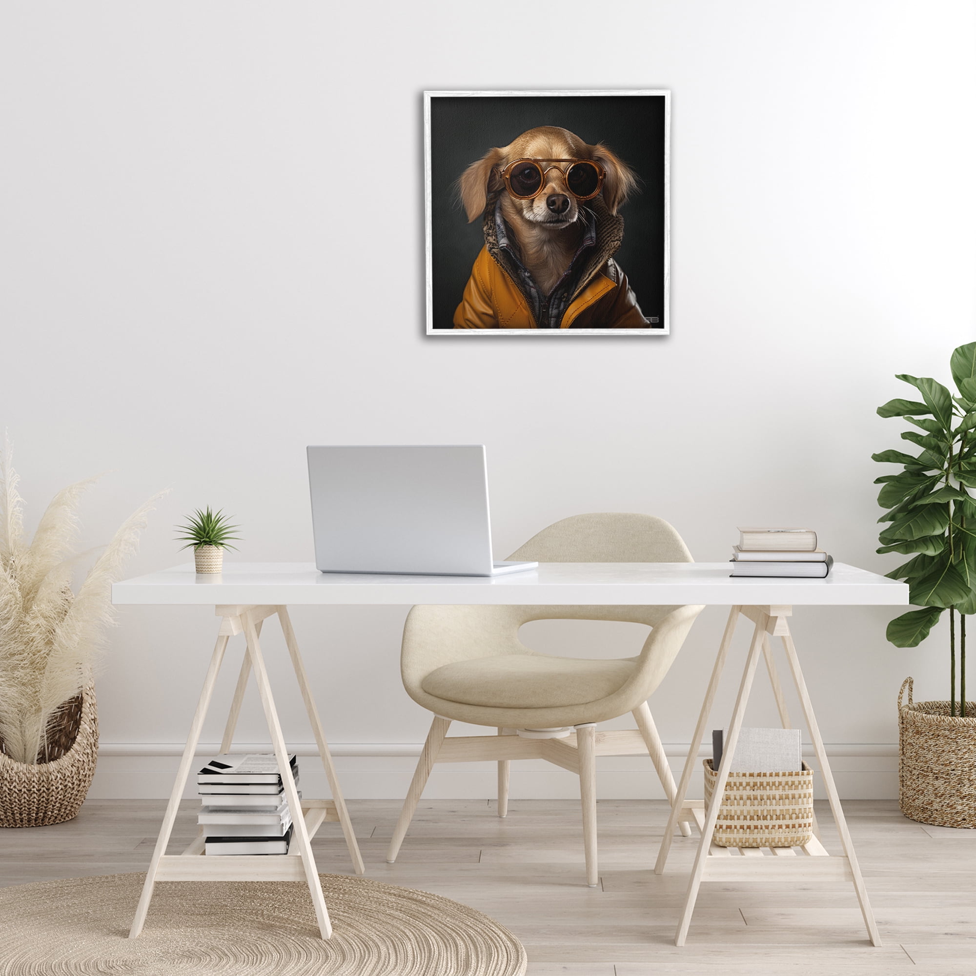 Stupell Industries Stylish Dog on Black Animals & Insects Painting White Framed Art Print Wall Art, 24 x 24