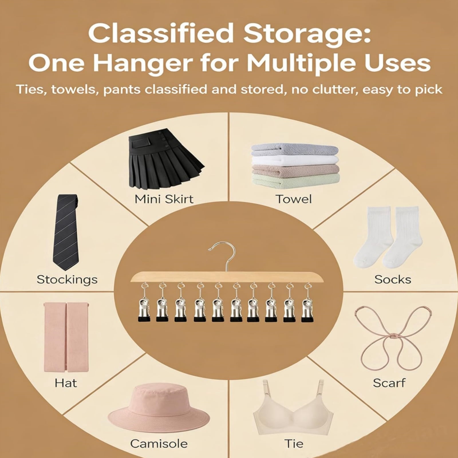 Closet Organizer with 10 Clips, Wooden Hanging Pants and Legging Hanger, 360° Rotating Hook Space Saving Closet Storage for Jeans Scarves Socks