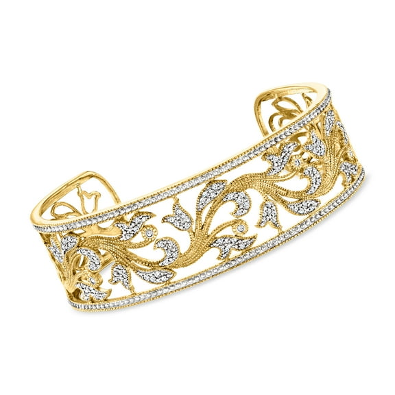 Ross-Simons 0.50 ct. t.w. Diamond Floral Filigree Cuff Bracelet in 18kt Gold Over Sterling, Women's, Adult