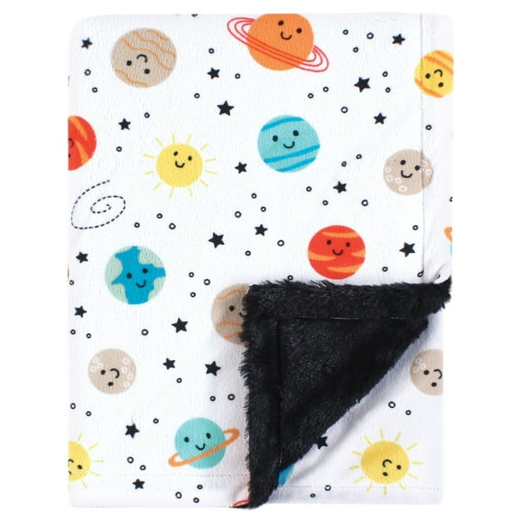 Hudson Baby Plush Blanket with Furry Binding and Back, Happy Planets, One Size