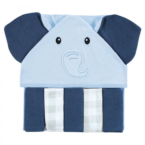 Hudson Baby Infant Boy Hooded Towel and Five Washcloths Set, Navy Blue Elephant, One Size