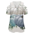 thumbnail image 4 of Watercolor Pumpkins White Blue Womens Summer V Neck Zipper Top Short Sleeve T Shirt Off Shoulder Top Casual Classy Loose Shirts, 4 of 7
