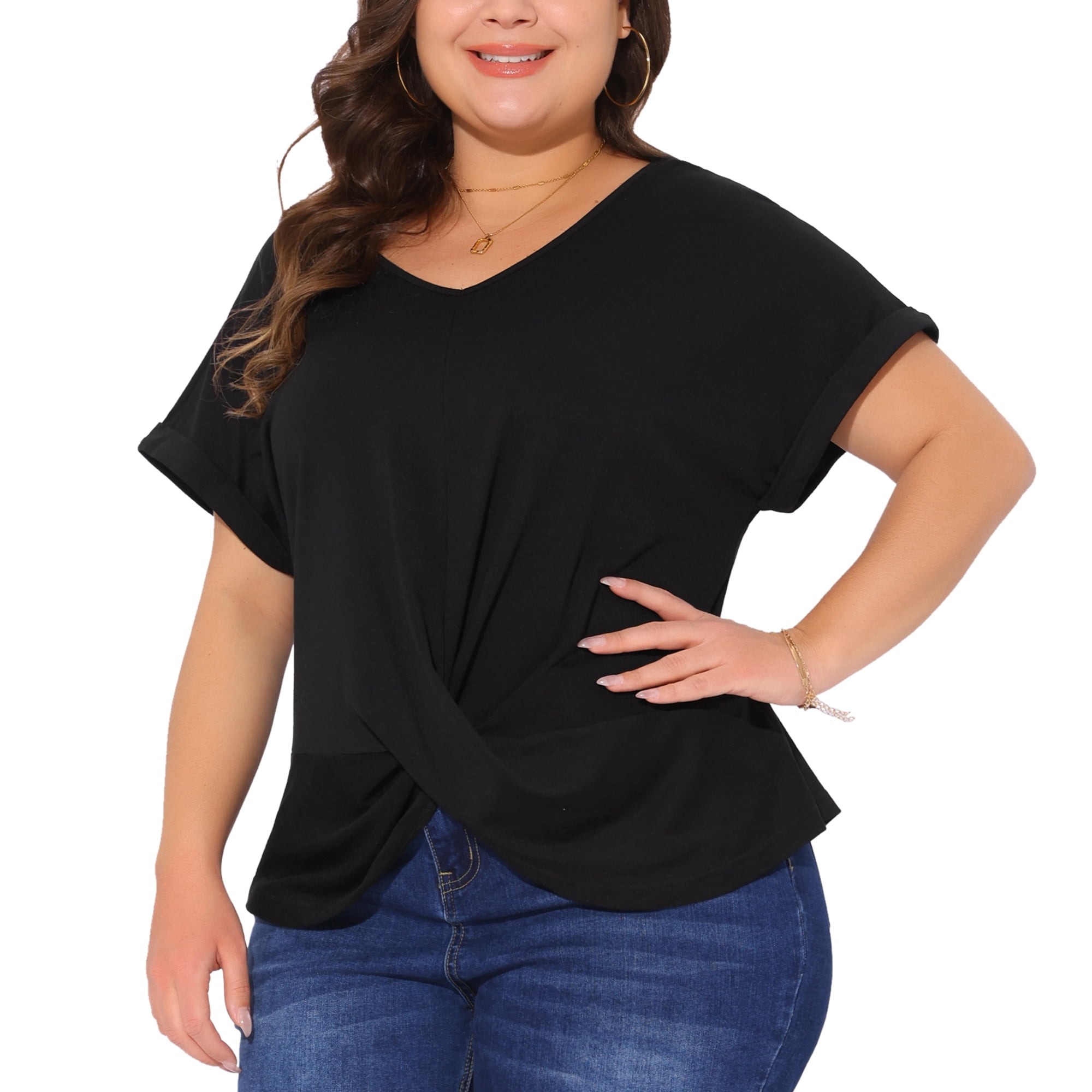 Women's Plus Top Short Sleeve V Neck Twist Knot Summer Blouses t Shirts 2X Black