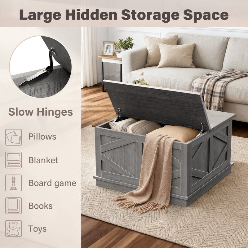 Vineego 31.5 Inch Farmhouse Square Coffee Table with Hinged Lift Top, Hidden Storage Compartment,Gary