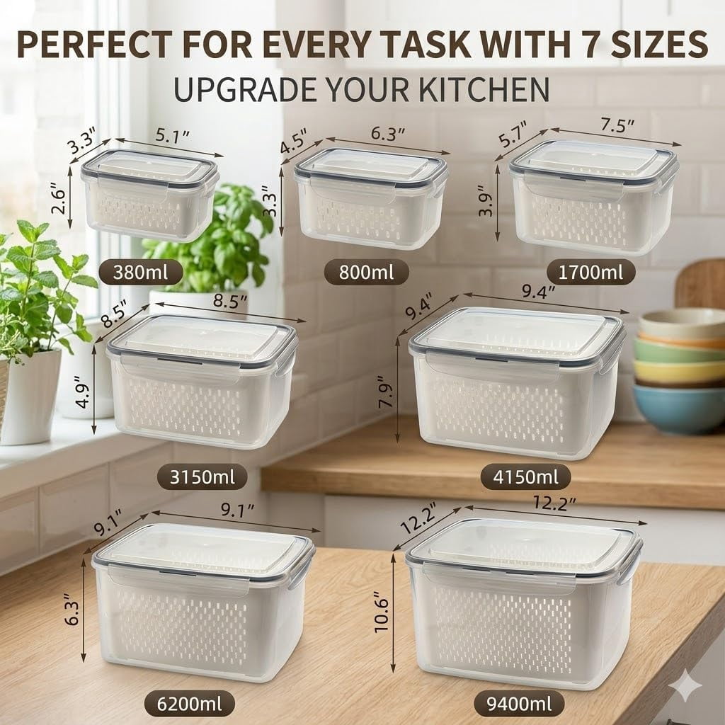 7 PCS Fruit Storage Containers for Fridge,Leakproof Produce Containers for Fridge with Removable Colander,All-in-One Fruit Container Strainers for Berries,Fruits,Vegetables