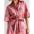 thumbnail image 2 of Women's Embroidered Tie Waist Shirt Dress with Buttoned Front Belted Silhouette 100% Polyester Everyday Wear Style, 2 of 7