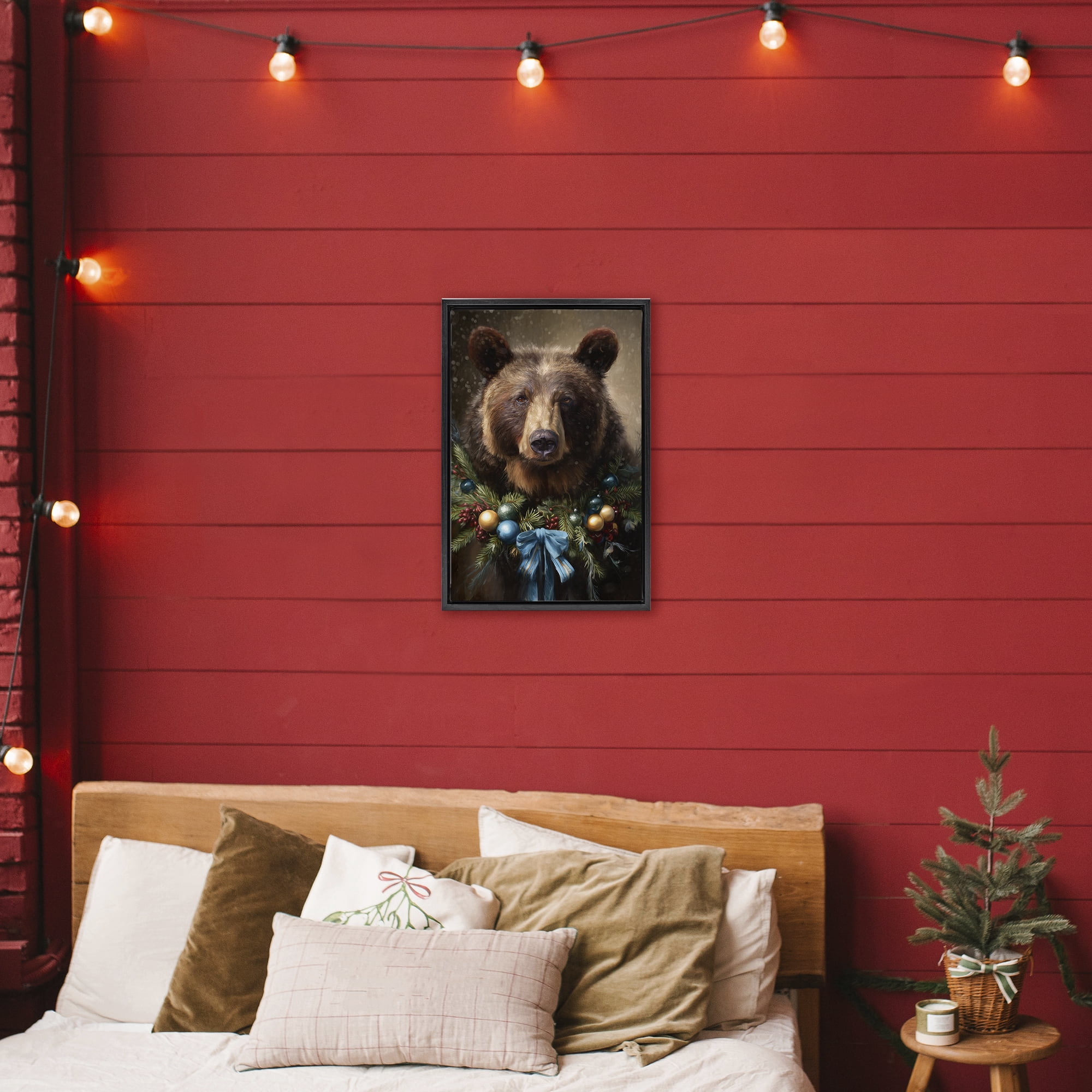 Stupell Industries Christmas Grizzly with Wreath Black Framed Floater Canvas Wall Art, design by Tina LeCour