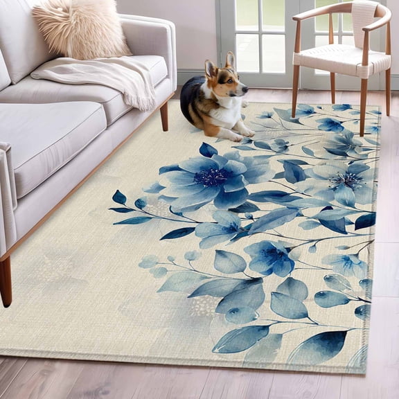 Area Rug for Living Room, Blue Ombre Floral Non-Slip Indoor Large Carpet for Bedroom/Dining Room, Spring Elegant Flowers Beige Rustic Washable Low-Profile Rectangle Floor Mat Runner Rugs - 3 x 5 Ft