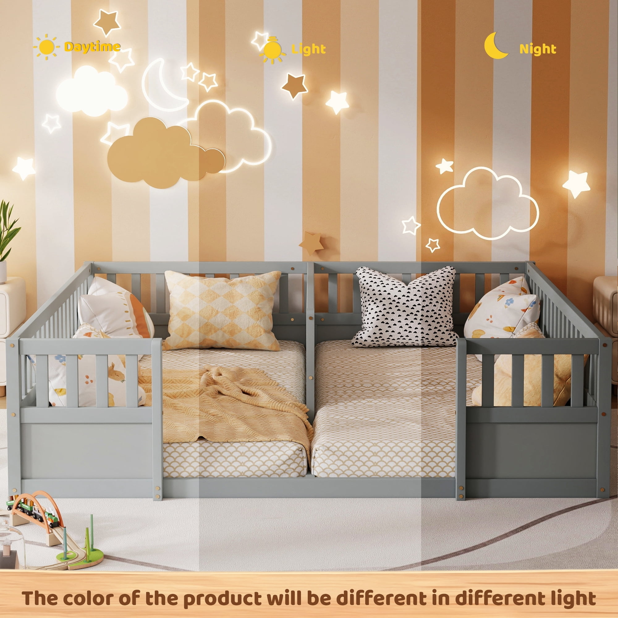 Leumius Double Pine Wood Twin Floor Bed with Semi-Enclosed Safety Guardrails, Open Entrance for Kids Bedroom Grey