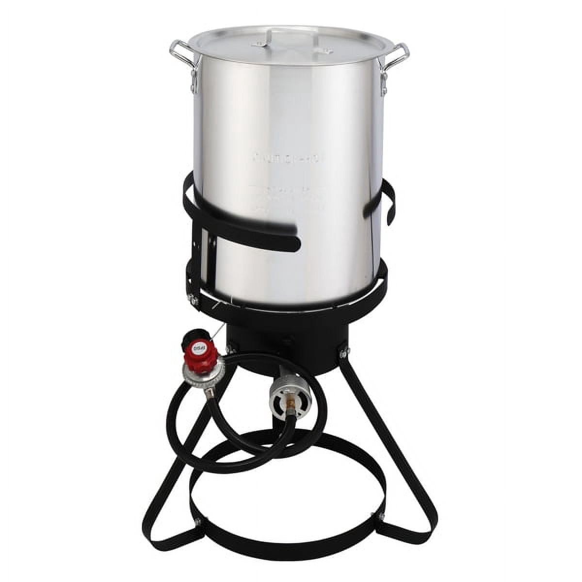 13x32inch Four-Piece Set, Black Round Iron Stove Frame, Silver Aluminum 30qt Turkey Pot 10qt Fish Pot, Gas Fryer