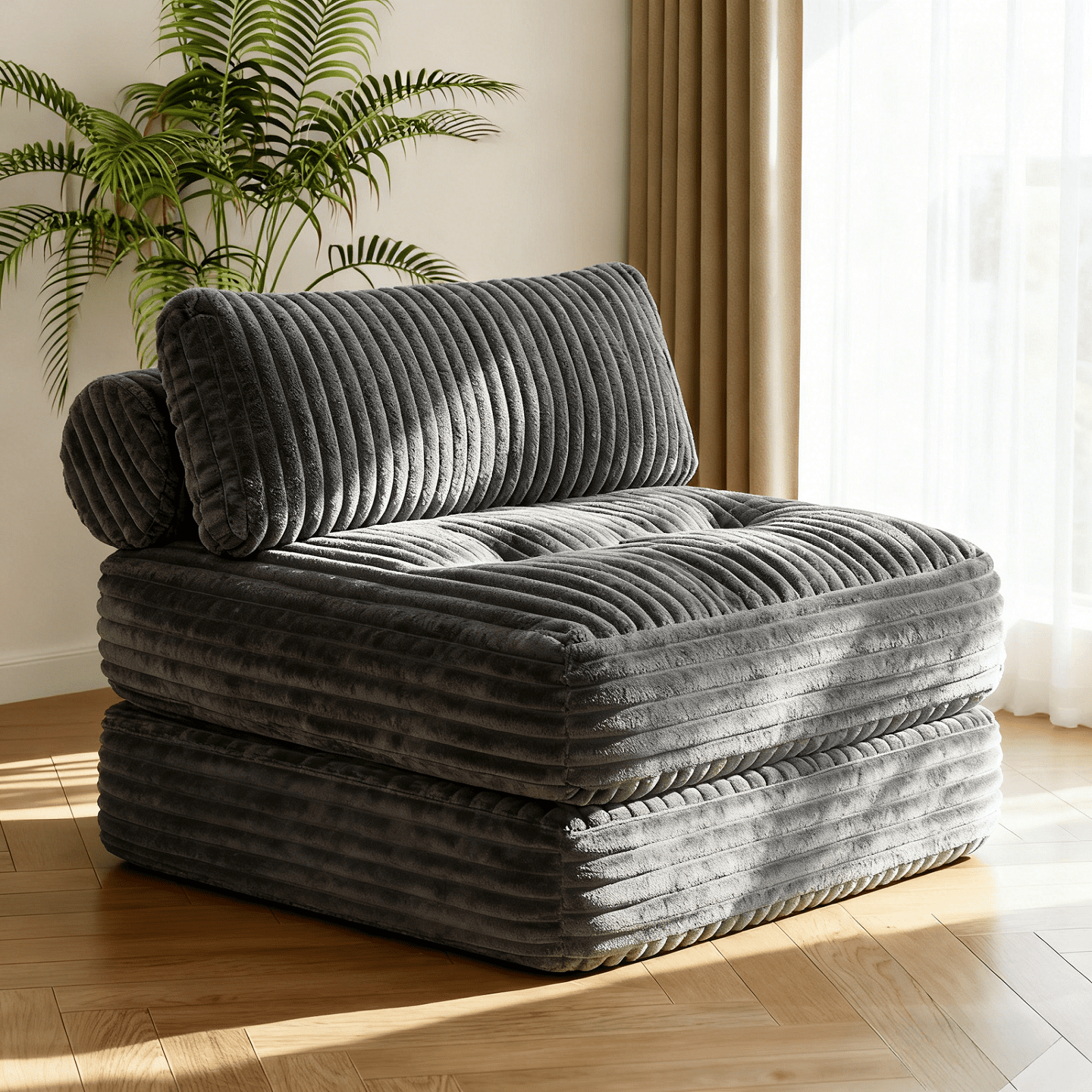 Neche Boneless Folding Sofa Bed Chair, Single Corduroy Convertible Sleeper Sofa with Pillow, Back Support for Living Room & Bedroom, Grey