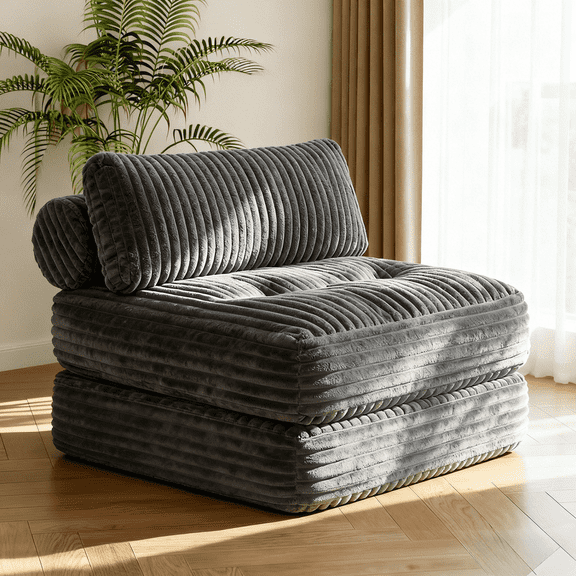 Neche Single Corduroy Convertible Sleeper Sofa - Folding, Pillow Included, Back Support, Portable for Living Room & Bedroom, Gray