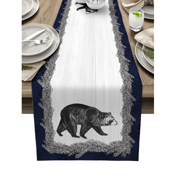 Table Runner Dresser Scarves 90 Inch Long, Vintage Black Bear Pines Cones Frame Linen Dining Table Runners Retro Wooden Plank Tabletop Scarf for Wedding Holiday Party Kitchen
