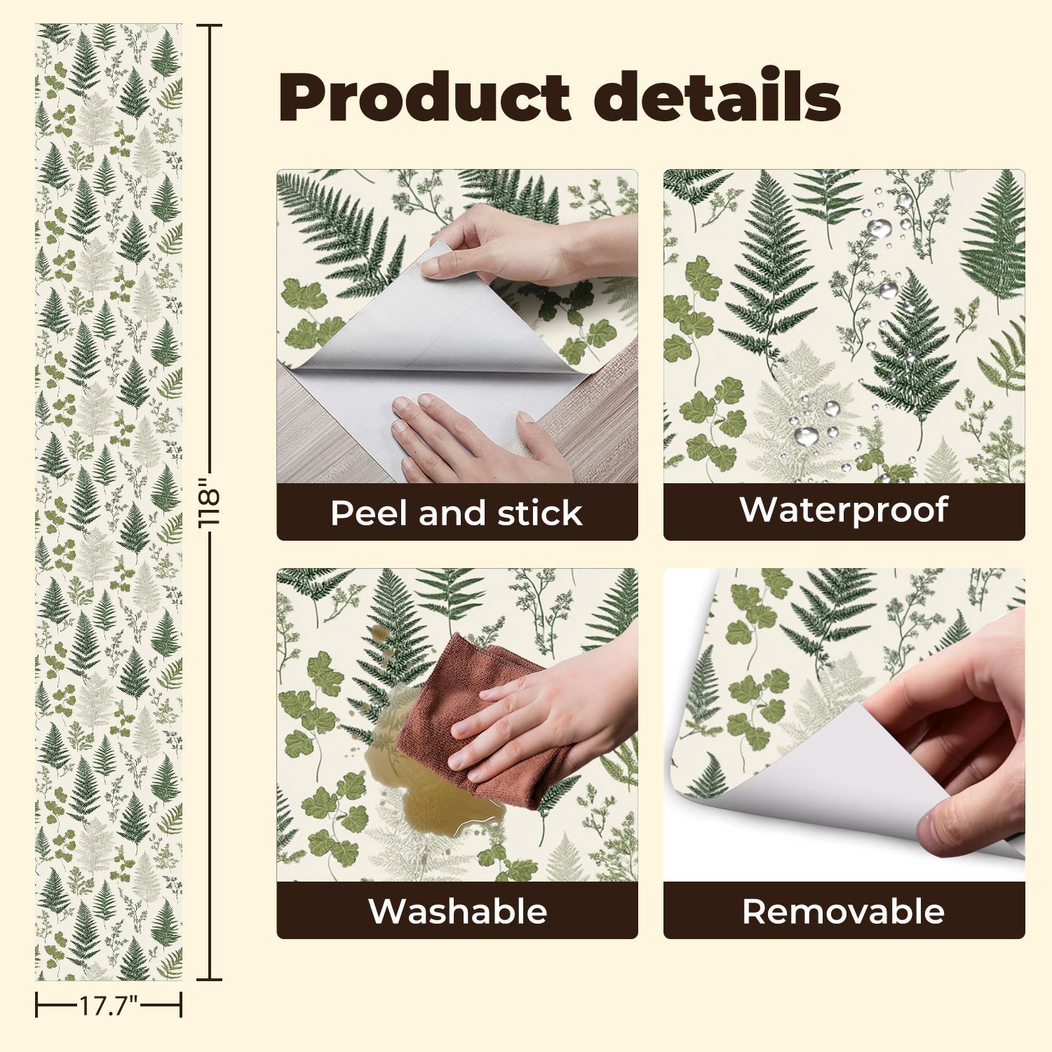 Vintage Peel and Stick Wallpaper Vintage Botanical Fern Leaf Green Beige Wall Mural 17.7in x 9.8ft Self Adhesive Removable Wall Paper Renter Friendly Wallpaper for Nursery Bedroom Cabinets