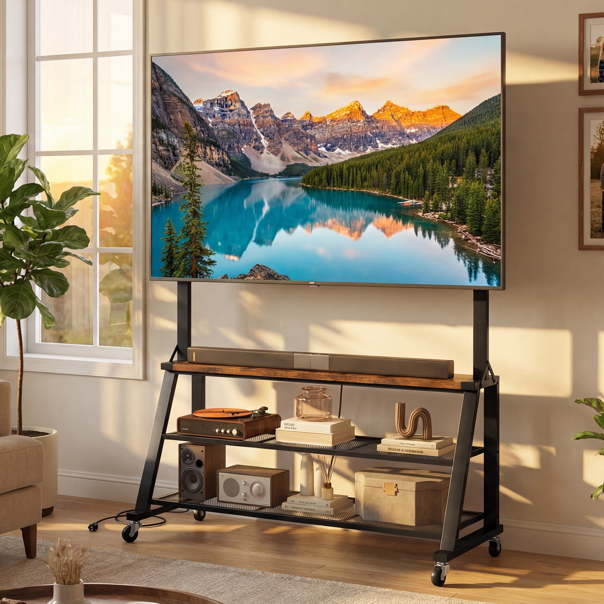 Uforic 46"W Rolling TV Stand with Lockable Wheels & Power Outlets, Mobile Cart for 32-75 Inch TVs, Rustic Brown