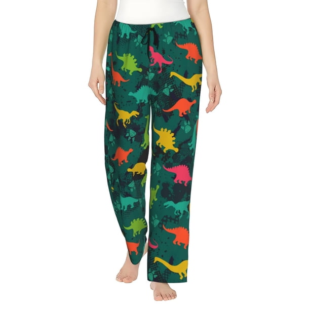 Fotbe Colorful Dinosaurs Pantalones de Pijama para Mujer, Pantalones de Dormir, Pantalones Pj con Cordón y Bolsillos-Small