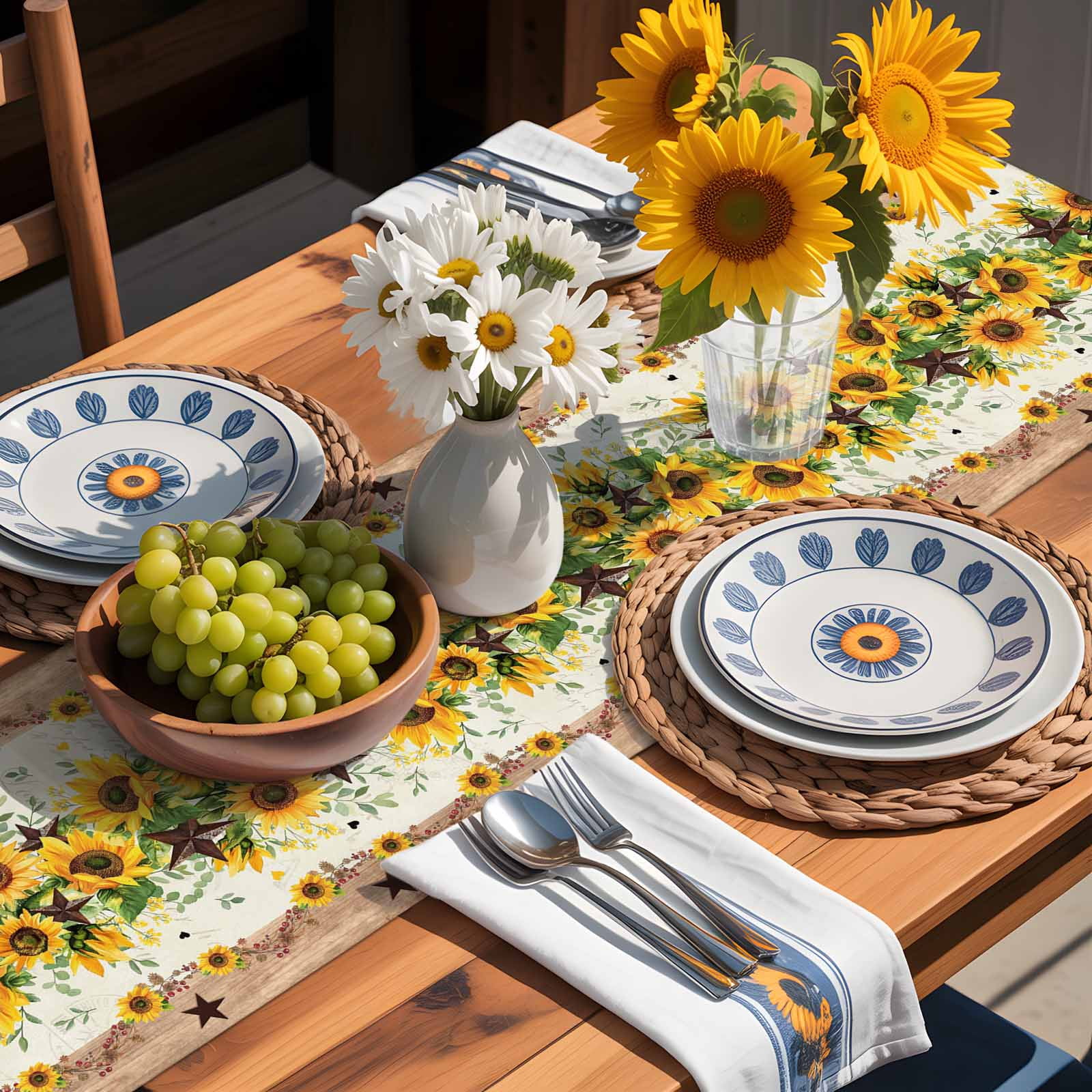 Retro Sunflower Bee Country Star Table Runner 90 Inches Long, Farmhouse Wood Grain Table Runners Tabletop Scarf Kitchen Dining Tables Decoration for Home Party Indoor Outdoor