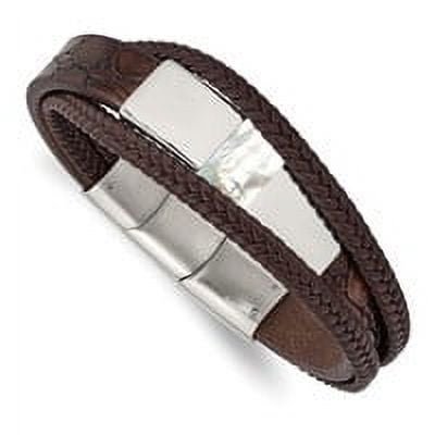 Primal Steel Stainless Steel Polished with Shell Pearl Leather with 0.5 Inch Extension 8 Inch Bracelet