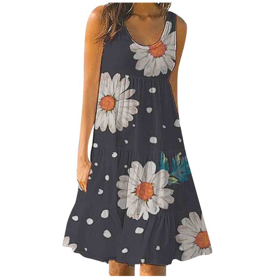 Wycnly Dresses for Women Beach Holiday Fashion Loose Flowy Ruffle Swing Tank Midi Dresses Scoop Neck Sleeveless Daisy Print Summer Midi Formal Dress Black XL