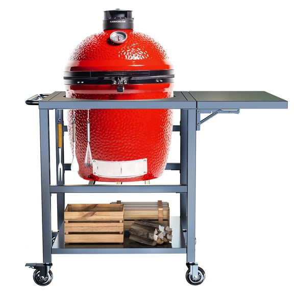 Outdoor Grill Table Cart for Kamado Joe Accessories, Heavy Duty Metal Rolling Kamado Stand with 3 inch Casters, Sturdy Side Table, Hooks, Prefect for Kamado Joe ClassicJoe, Classic II & III
