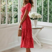 VKEKIEO Summer Dress,Flowy,Women,Square Neckline Short Sleeve Printed Red L